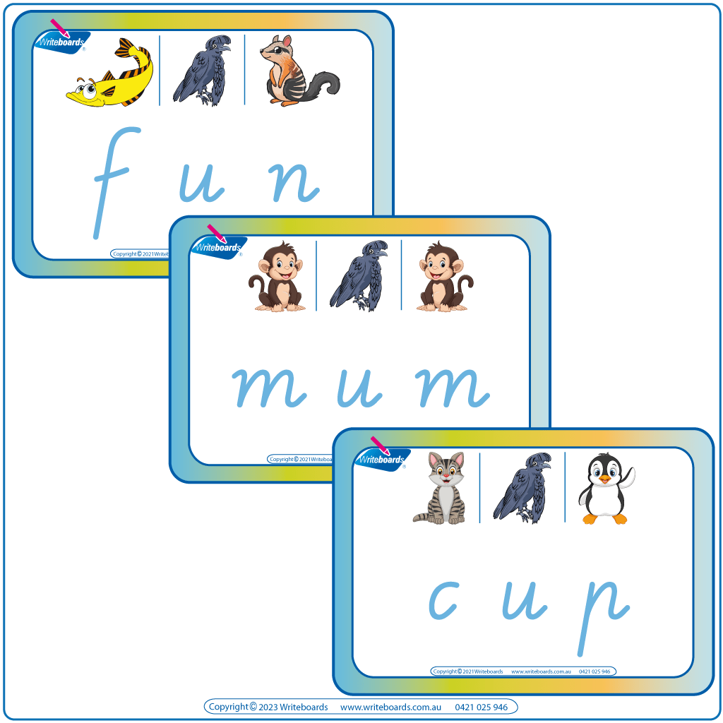 VIC Animal Phonic CVC Flashcards, VIC Printable CVC Flashcards middle letter U, VIC Rhyming CVC Flashcards