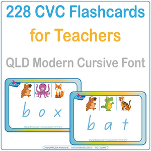 CVC Flashcard Package with QLD Modern Cursive Font ideal for teaching early reading and writing skills