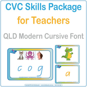 QLD Modern Cursive Font CVC Flashcard and Games Package to support early literacy and learning skills