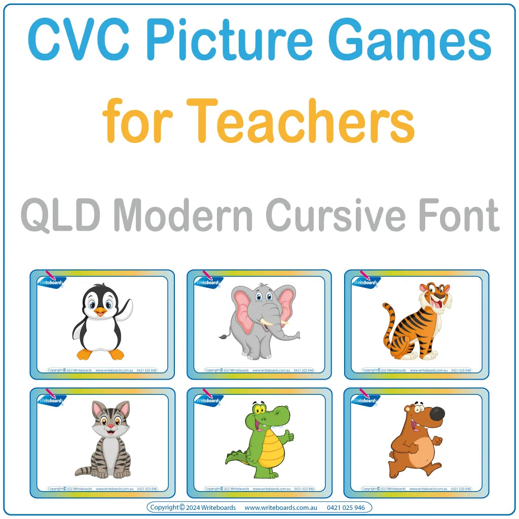 Make learning CVC words fun with our QLD Modern Cursive Animal Phonic CVC Picture Word Games