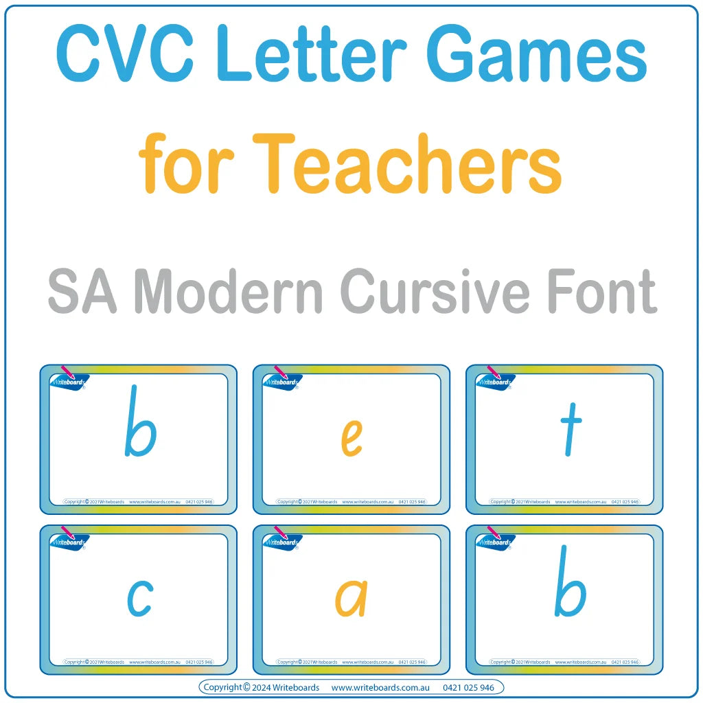 Teach spelling with our FUN CVC Letter Word Games in SA Modern Cursive Font