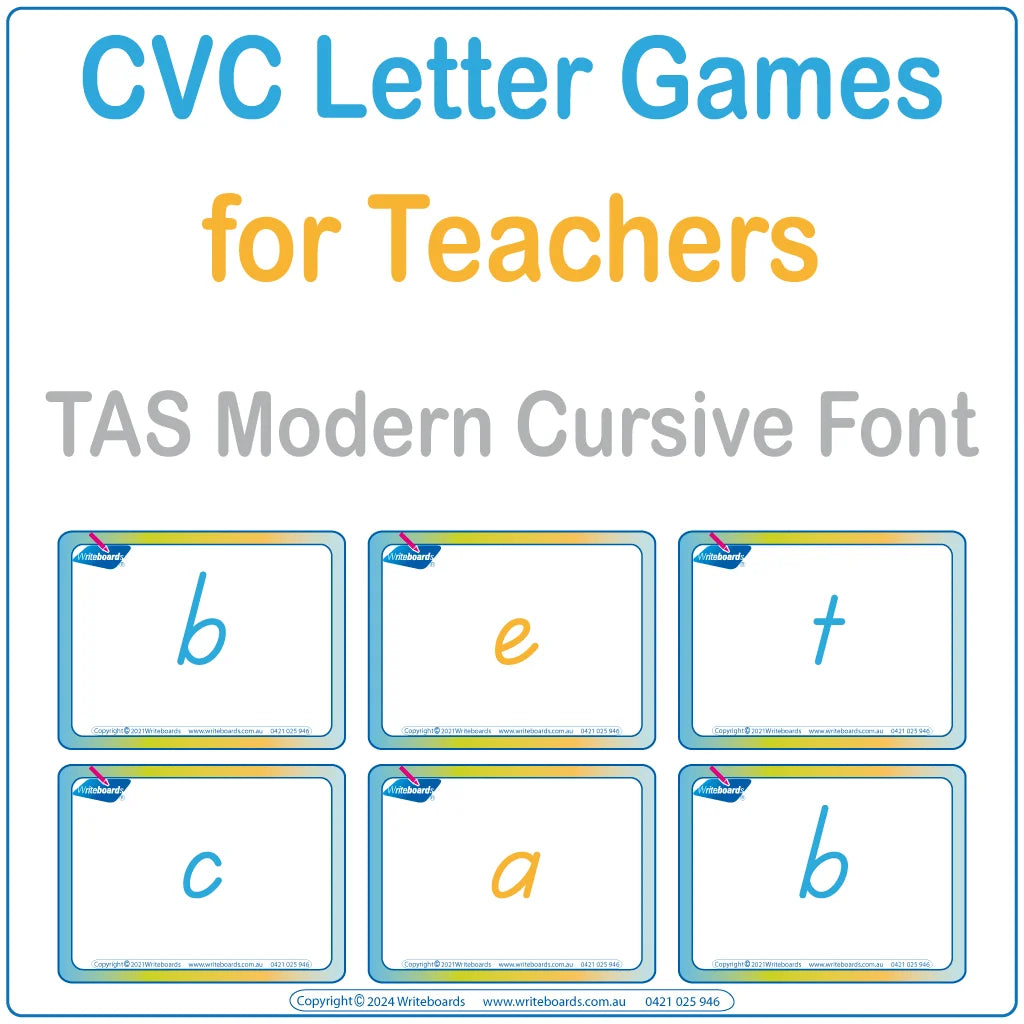 Teach spelling with our FUN CVC Letter Word Games in TAS Modern Cursive Font