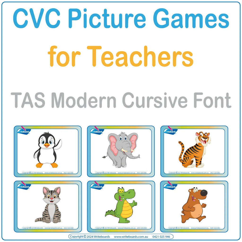 Make learning CVC words fun with our TAS Modern Cursive Animal Phonic CVC Picture Word Games