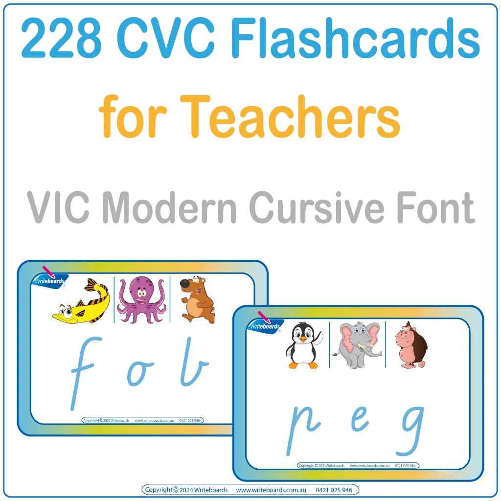 CVC Flashcard Package with VIC Modern Cursive Font ideal for teaching early reading and writing skills