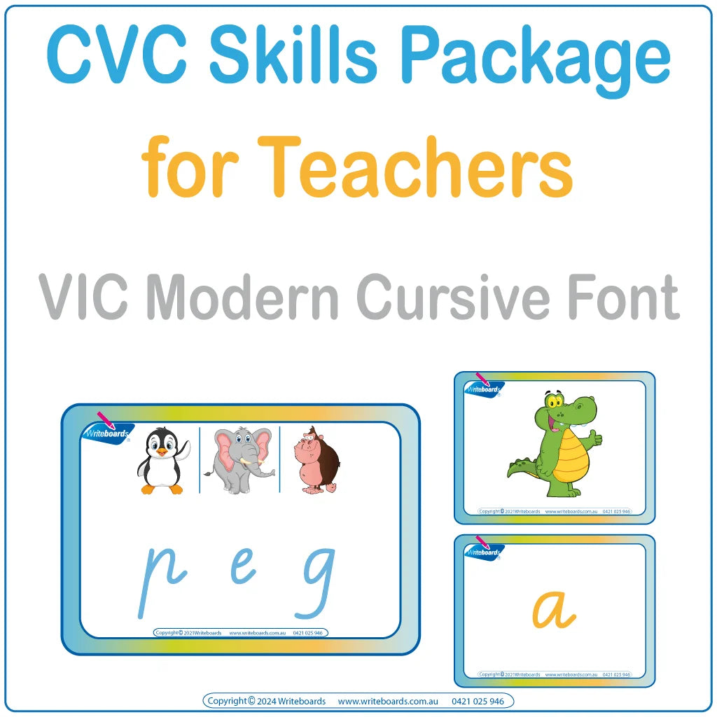 VIC Modern Cursive Font CVC Flashcard and Games Package to support early literacy and learning skills