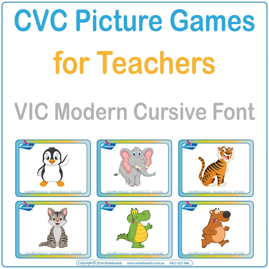 Make learning CVC words fun with our VIC Modern Cursive Animal Phonic CVC Picture Word Games