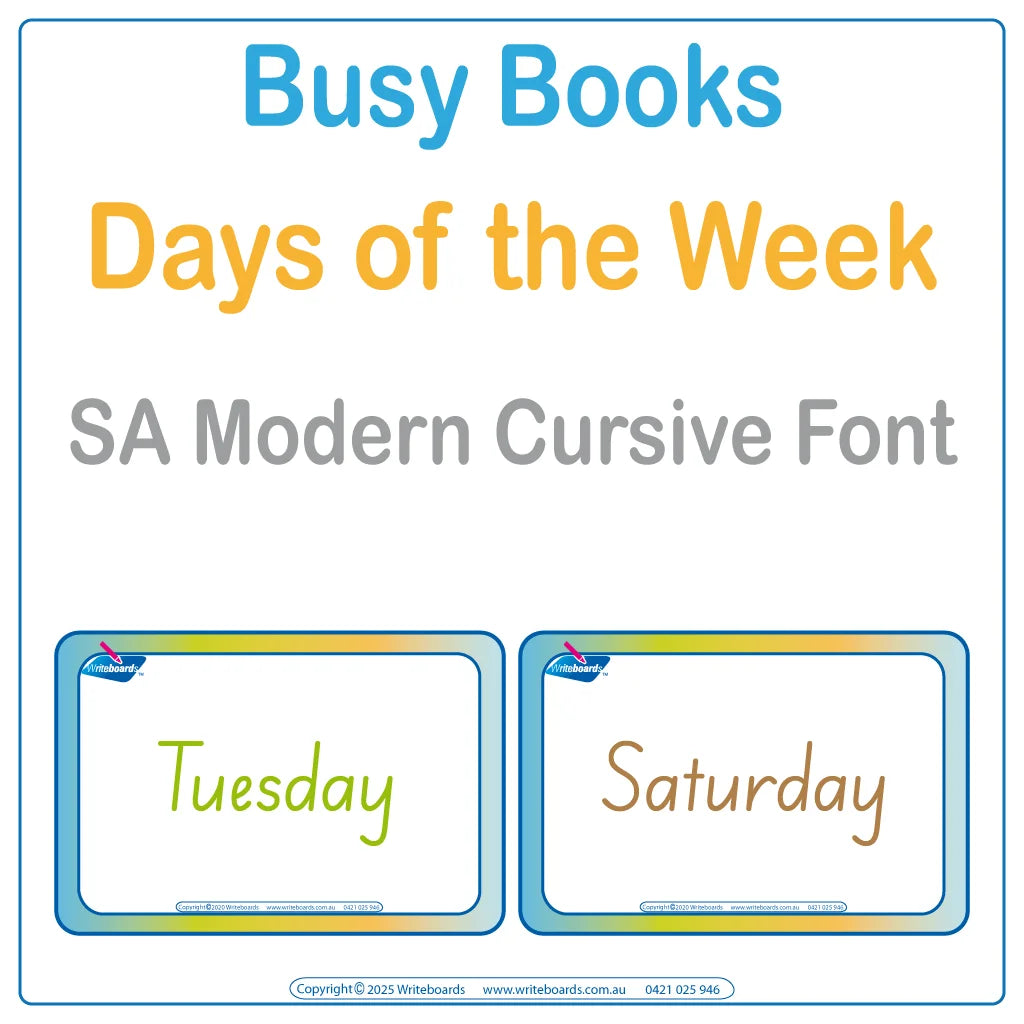 Teach days of the week with this 16-page interactive Busy Book in SA Modern Cursive Font