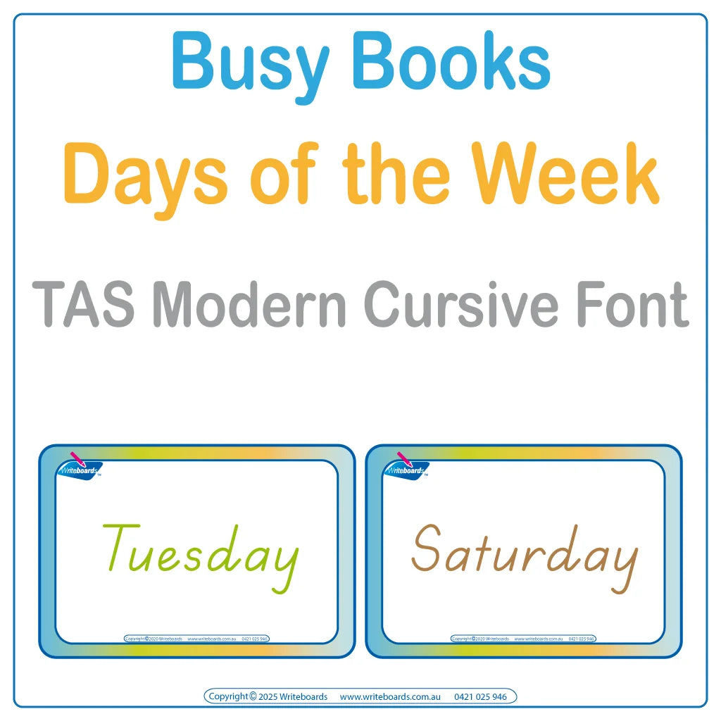 Teach days of the week with this 16-page interactive Busy Book in TAS Modern Cursive Font