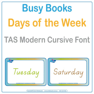 Teach days of the week with this 16-page interactive Busy Book in TAS Modern Cursive Font