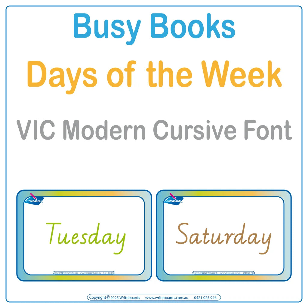 Teach days of the week with this 16-page interactive Busy Book in VIC Modern Cursive Font