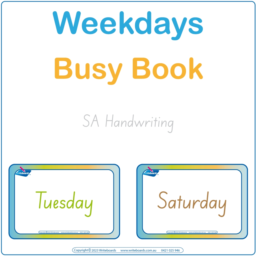 SA Modern Cursive days of the week busy book featuring 16 pages including flashcards and games