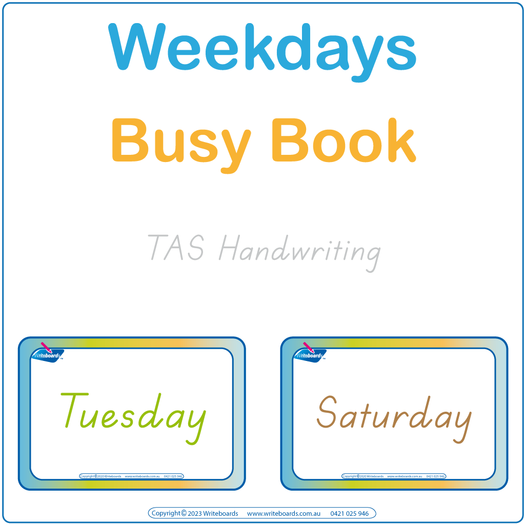 TAS Modern Cursive days of the week busy book featuring 16 pages including flashcards and games