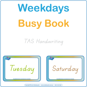 TAS Modern Cursive days of the week busy book featuring 16 pages including flashcards and games