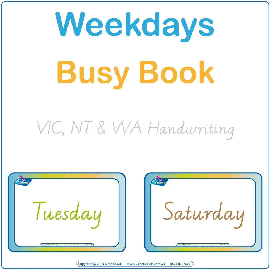 VIC Modern Cursive days of the week busy book featuring 16 pages including flashcards and games