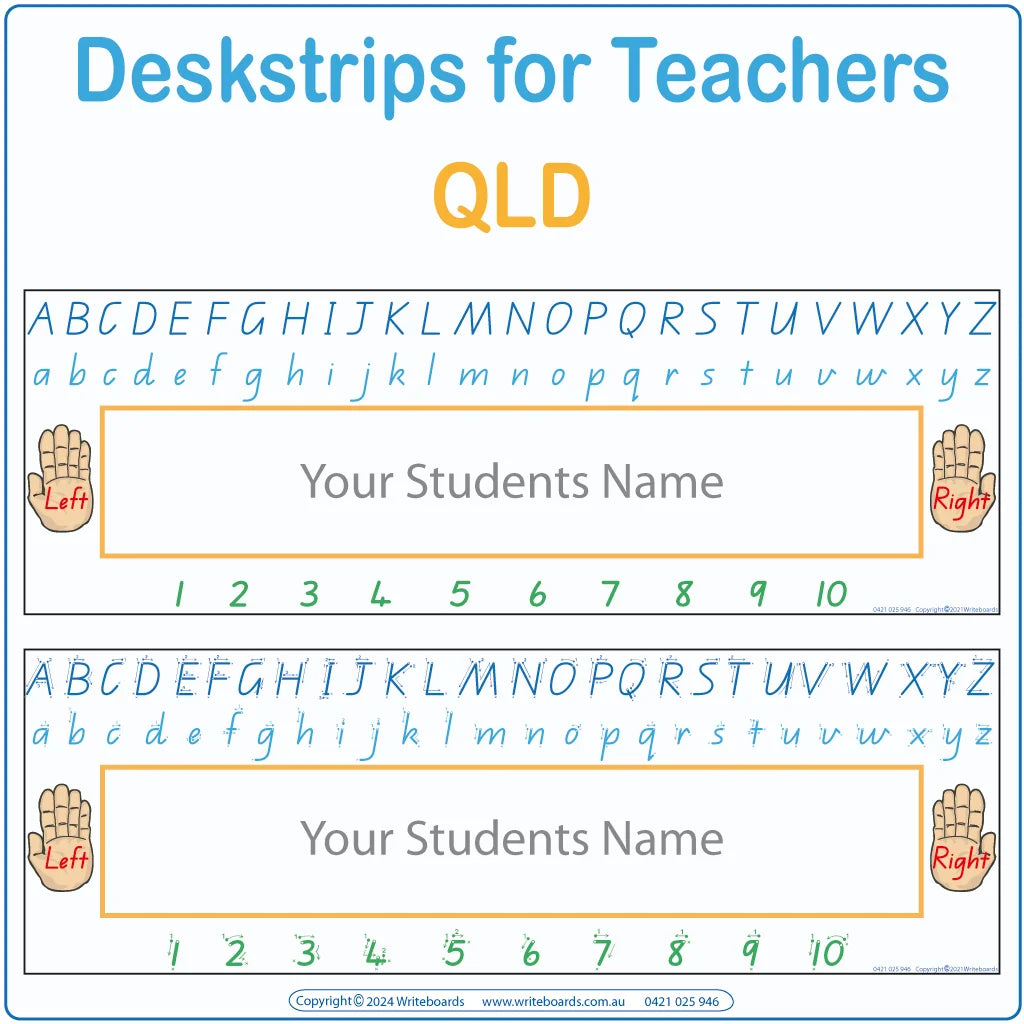 Printable QLD Modern Cursive Font desk strips with alphabets and bonus number strip for classrooms