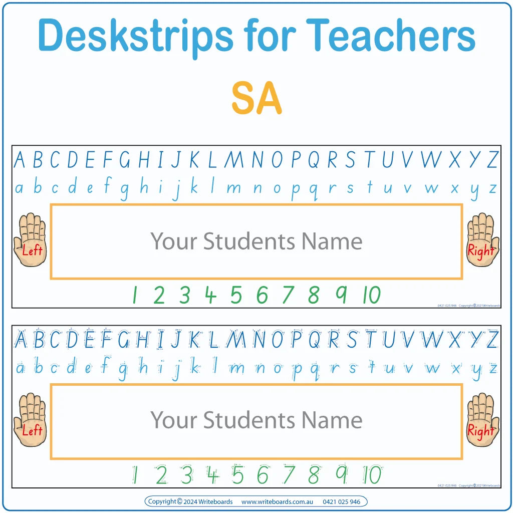 Printable SA Modern Cursive Font desk strips with alphabets and bonus number strip for classrooms