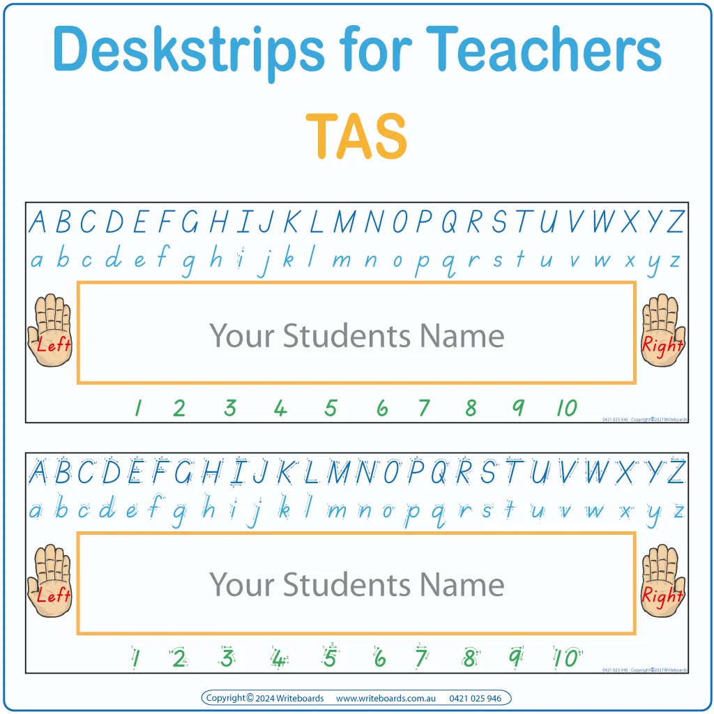 Printable TAS Modern Cursive Font desk strips with alphabets and bonus number strip for classrooms