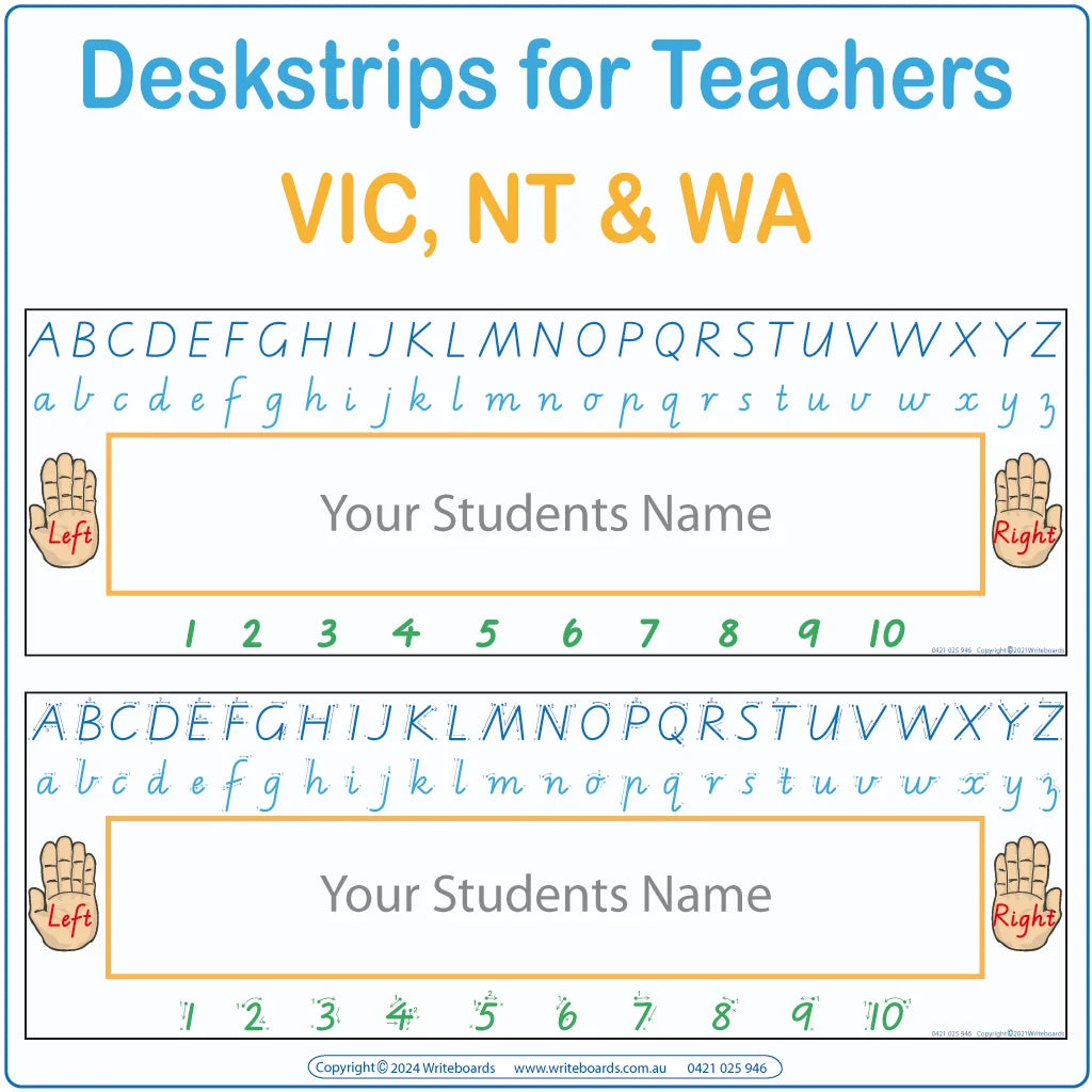 Printable VIC Modern Cursive Font desk strips with alphabets and bonus number strip for classrooms