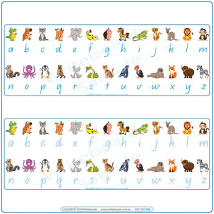 QLD Modern Cursive Printable Animal Phonics Desk Strips with bold and dotted lettering & phonic pictures