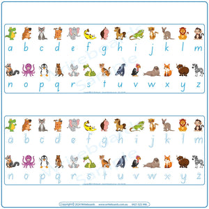 SA Modern Cursive Printable Animal Phonics Desk Strips with bold and dotted lettering & phonic pictures