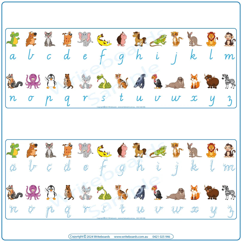 VIC Modern Cursive Printable Animal Phonics Desk Strips with bold and dotted lettering & phonic pictures