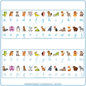 VIC Modern Cursive Printable Animal Phonics Desk Strips with bold and dotted lettering & phonic pictures