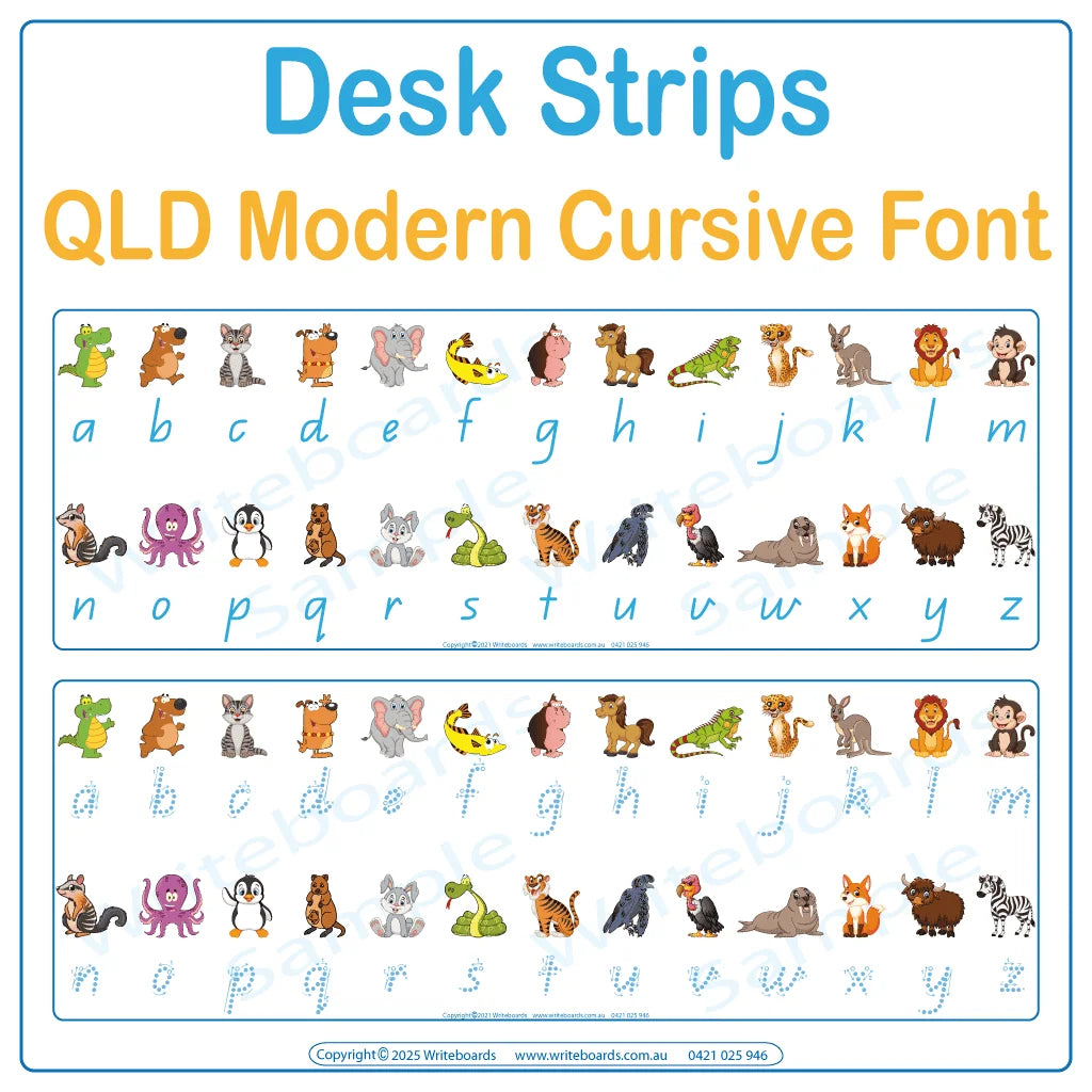 Help students connect letters and sounds with animal-themed desk strips in QLD Modern Cursive Font