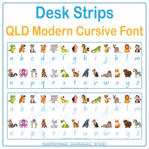 Help students connect letters and sounds with animal-themed desk strips in QLD Modern Cursive Font
