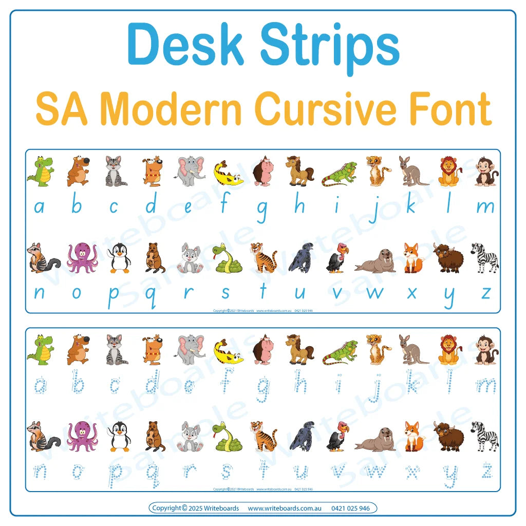 Help students connect letters and sounds with animal-themed desk strips in SA Modern Cursive Font