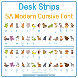 Help students connect letters and sounds with animal-themed desk strips in SA Modern Cursive Font