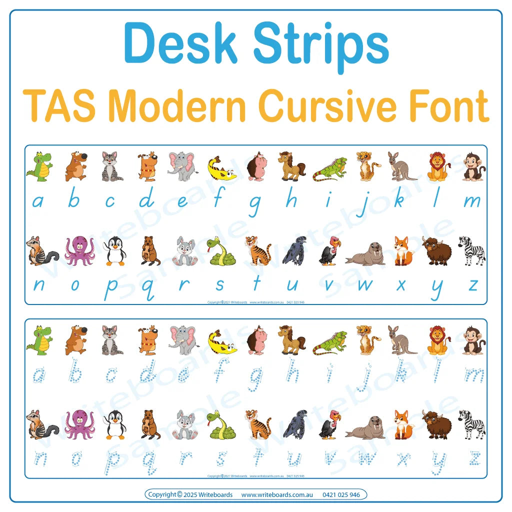 Help students connect letters and sounds with animal-themed desk strips in TAS Modern Cursive Font