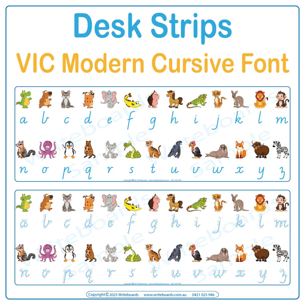 Help students connect letters and sounds with animal-themed desk strips in VIC Modern Cursive Font