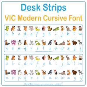 Help students connect letters and sounds with animal-themed desk strips in VIC Modern Cursive Font