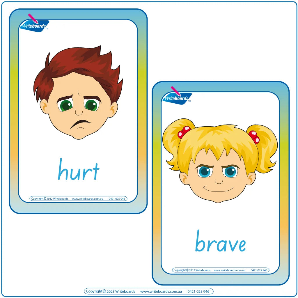 Teach emotional literacy with SA Modern Cursive Font Emotions Flashcards, Downloadable SA Teachers Resources