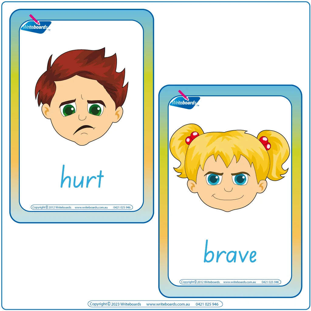 Emotion Flashcards completed using SA Handwriting, Colourful Emotion Flashcards using SA School Handwriting