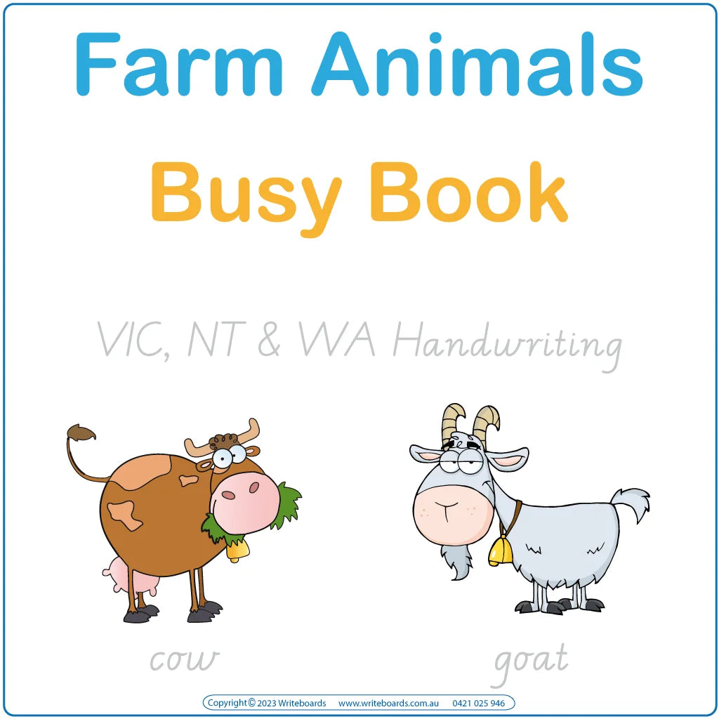 Teach your child about farm animals with our VIC Modern Cursive Font Interactive Busy Book