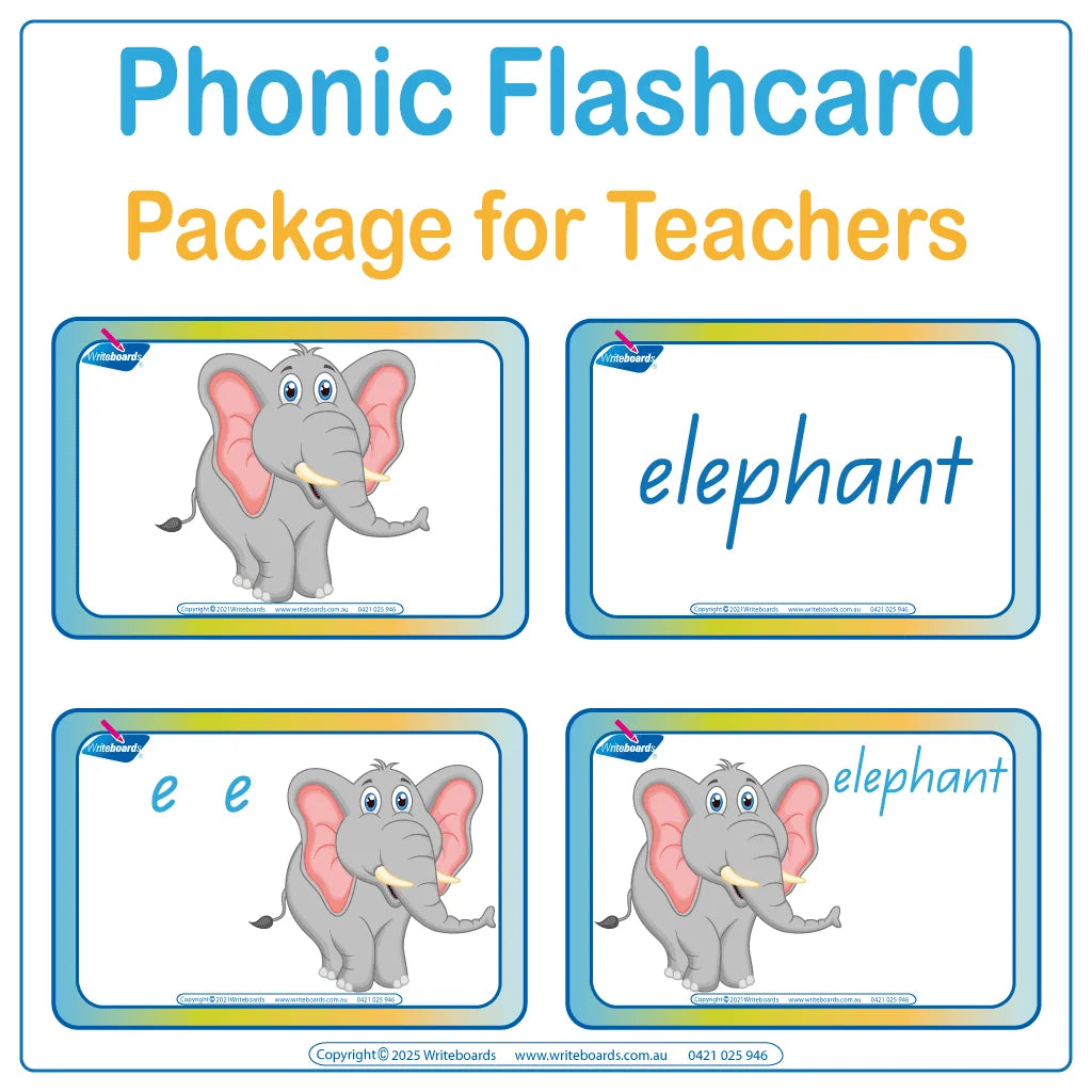 Comprehensive flashcard package using QLD Modern Cursive Font and animals to support phonics and literacy instruction