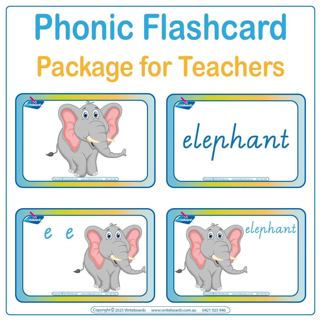 Comprehensive flashcard package using VIC Modern Cursive Font and animals to support phonics and literacy instruction