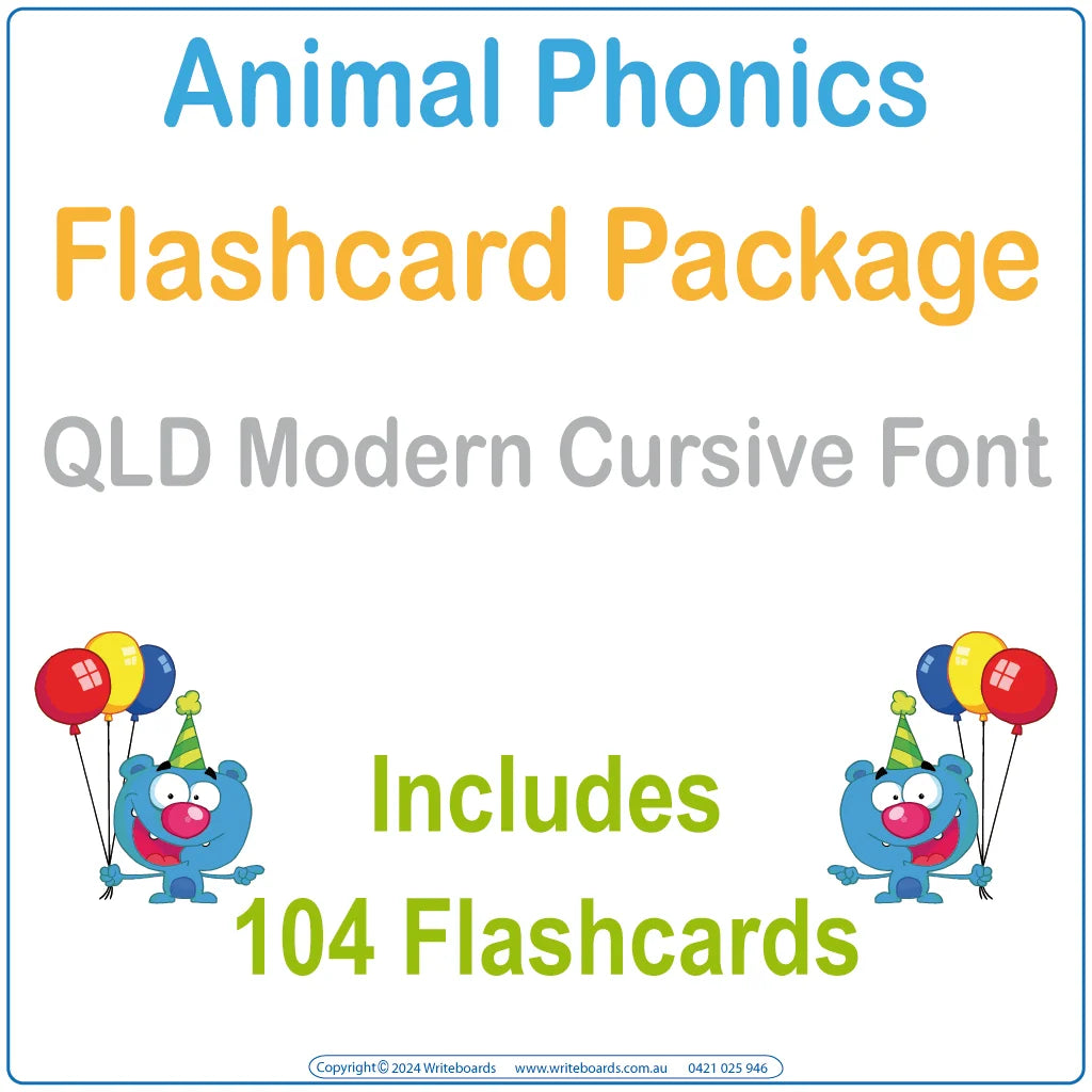 Animal Phonics Flashcard Package with 104 QLD Modern Cursive Font flashcards for Teachers