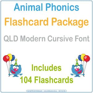 Animal Phonics Flashcard Package with 104 QLD Modern Cursive Font flashcards for Teachers