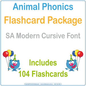 Animal Phonics Flashcard Package with 104 SA Modern Cursive Font flashcards for Teachers