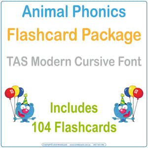 Animal Phonics Flashcard Package with 104 TAS Modern Cursive Font flashcards for Teachers