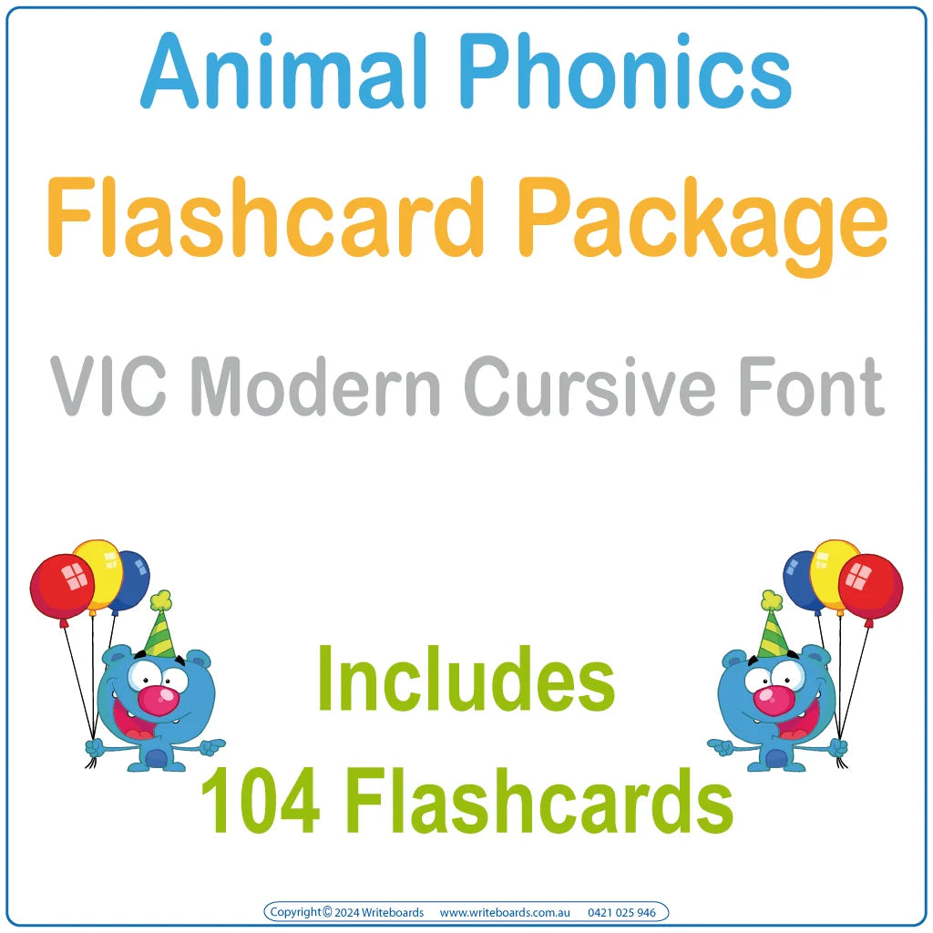 Animal Phonics Flashcard Package with 104 VIC Modern Cursive Font flashcards for Teachers