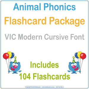 Animal Phonics Flashcard Package with 104 VIC Modern Cursive Font flashcards for Teachers