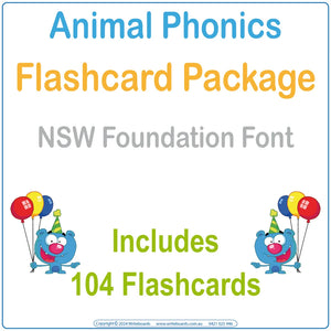 Animal Phonics Flashcard Package with 104 NSW Foundation Font flashcards for Teachers