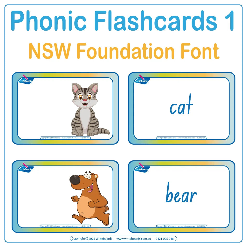 Enhance phonics learning with flashcards featuring animals and NSW Foundation Font for easy letter-sound recognition