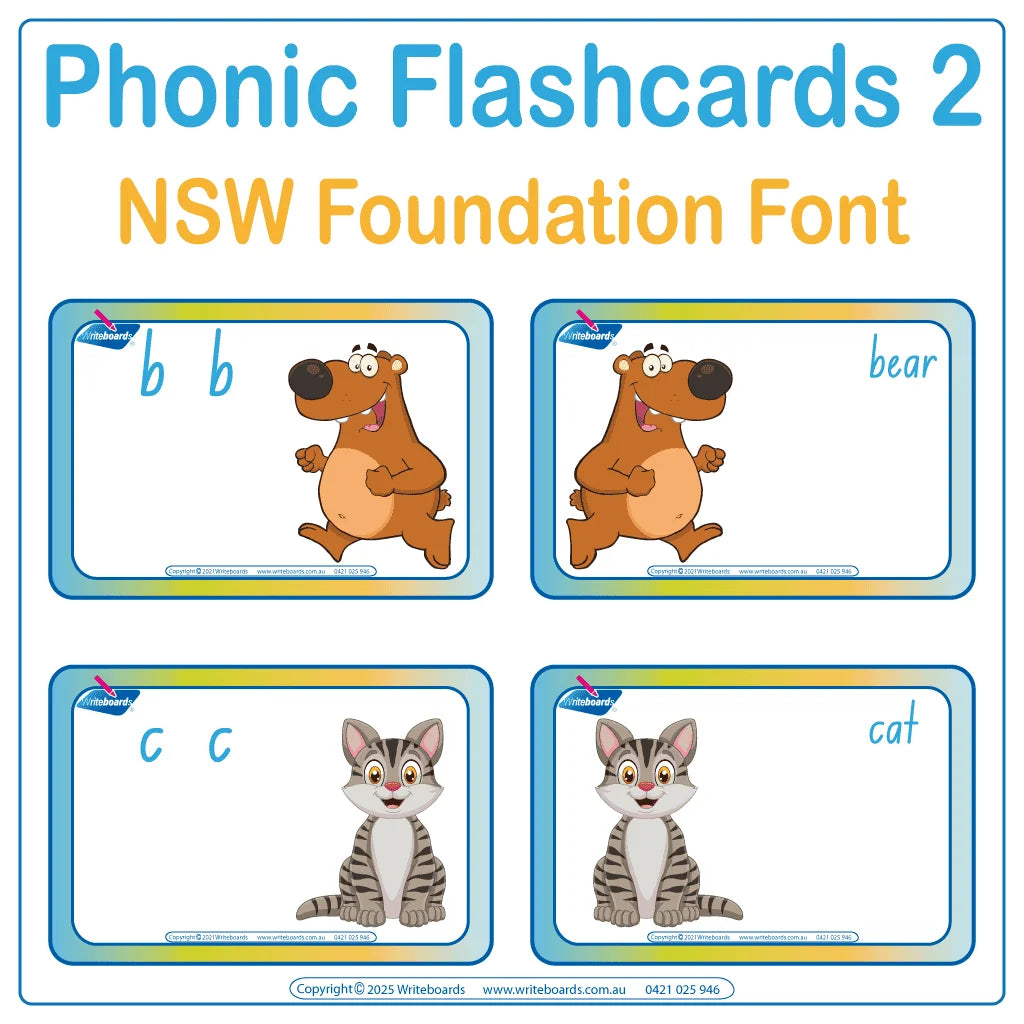 Animal phonic flashcards in NSW Foundation Font help reinforce letter sounds and improve early literacy skills
