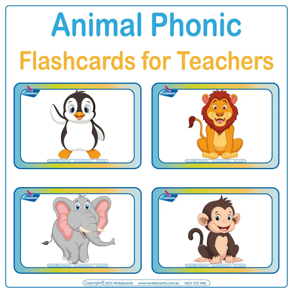 Animal picture flashcards to support phonics learning, helping teachers engage students with visual sound associations