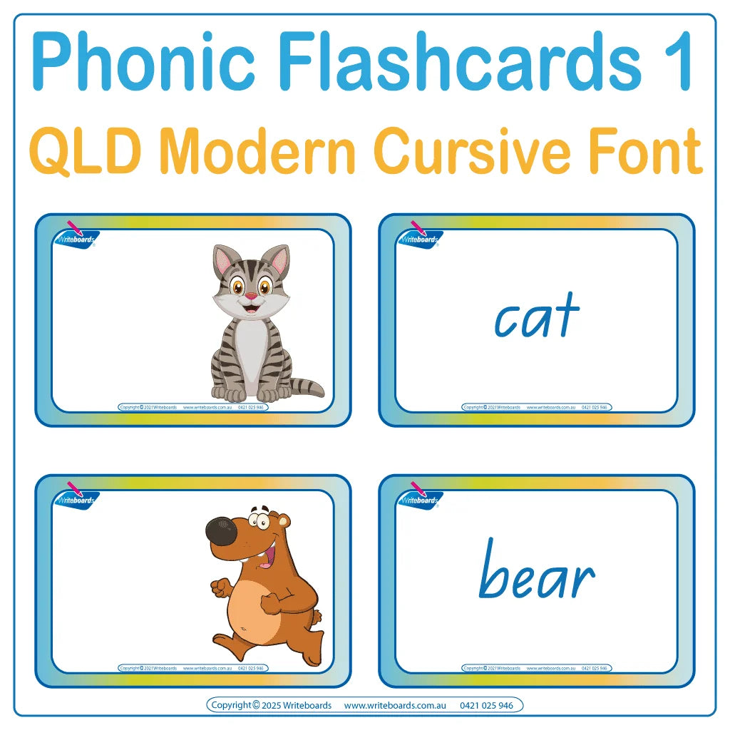 Animal phonic flashcards in QLD Modern Cursive Font support sound recognition and letter formation for students