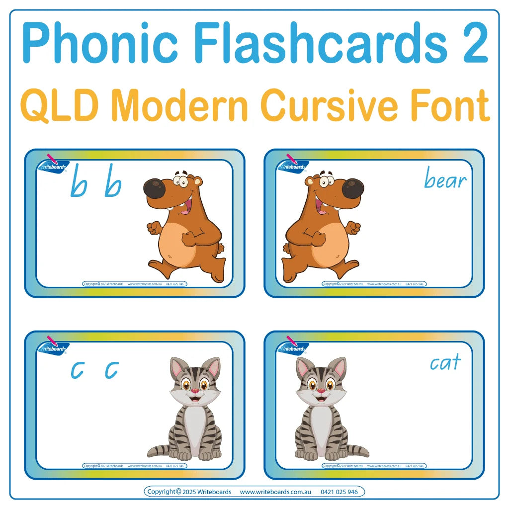 Reinforce phonics with flashcards featuring animals and QLD Modern Cursive Font to build literacy skills